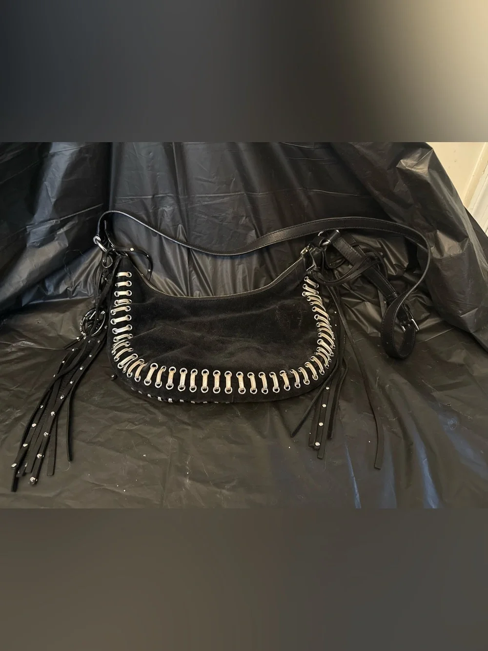 Michael Kors Black Suede Hobo with Silver Eyelet Trim and Fringe